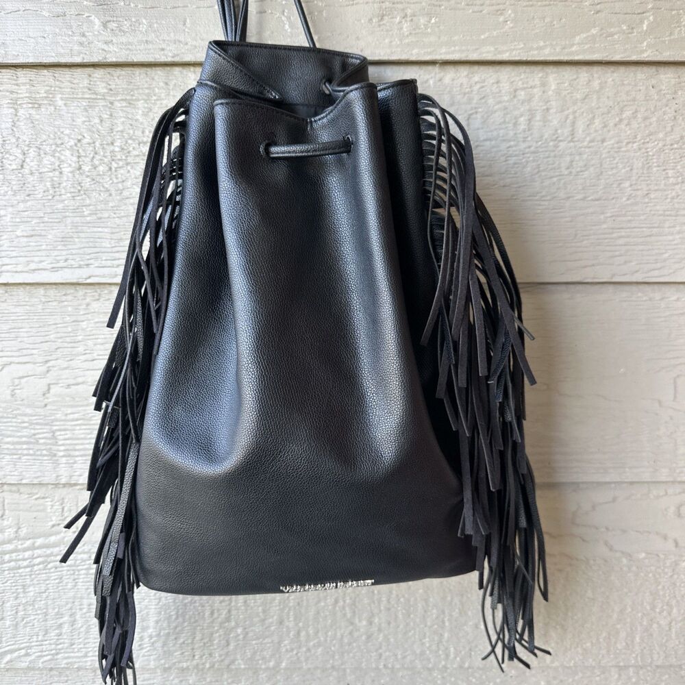 Victoria’s Secret Black Fringe Tote Bag Backpack Purse Faux Leather 11067913